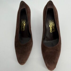 Salvatore Ferragamo Brown Suede Pumps With Tortoise Shell Heels Size 9.5